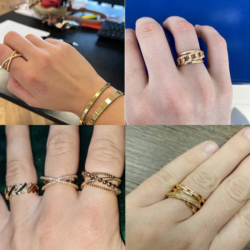 Brilhe com Estilo: Espetaculares Anéis de Aço Inoxidável Dourado (na cor Ouro), com Design Vazado e Cristal Zircônia